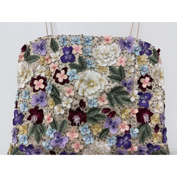Alice + Olivia Velia Embellished Mini Gown Dress Floral Embroidered Champagne 12 - Picture 7 of 16